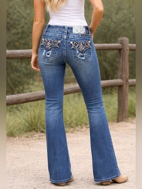 Miss Me Embellished Signature Bootcut Jeans Distressed Dark Y2K Style Size 25